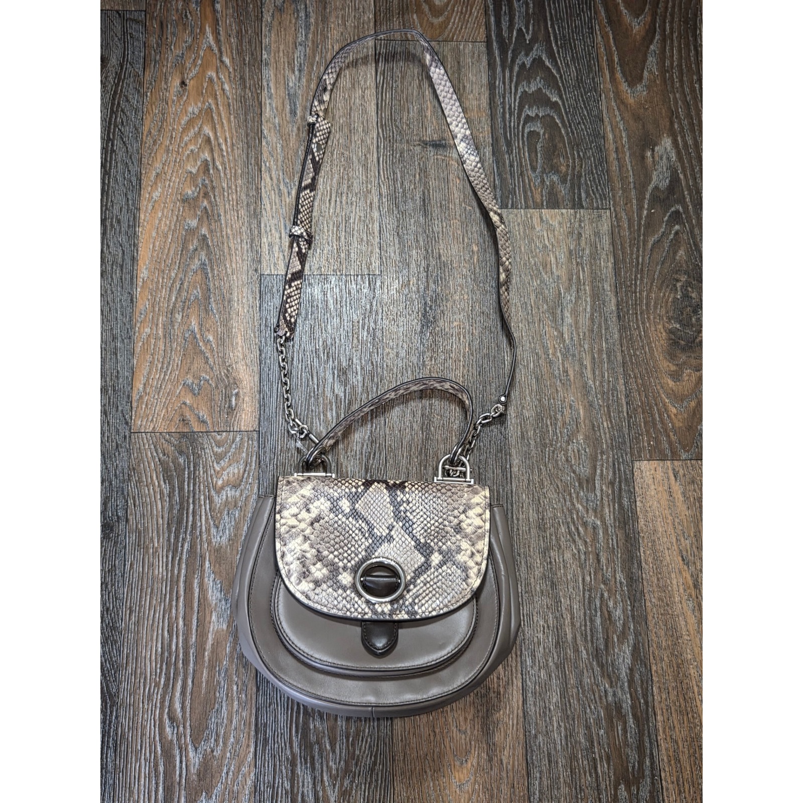 Michael Kors Taupe Leather Snakeskin Flap Crossbody Saddle Bag Silver Hardware